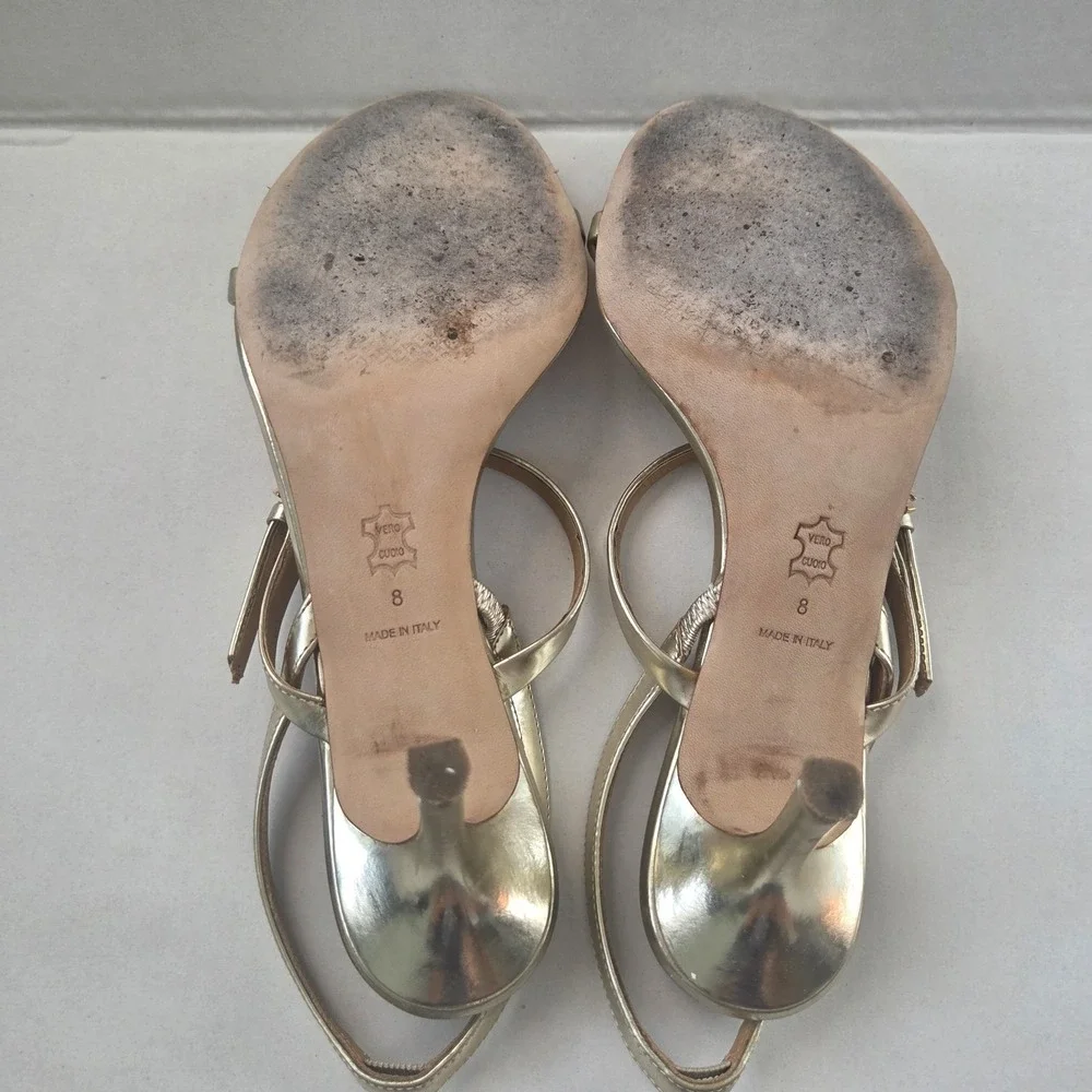 Tory Burch Womens Gold Metallic Ankle Strap Sandals Heels Size 8 Logo Charm